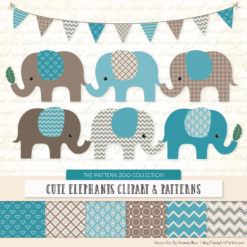 Vintage Blue Patterned Elephant Clipart & Patterns