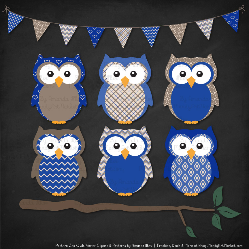 Royal Blue Patterned Owl Clipart & Patterns