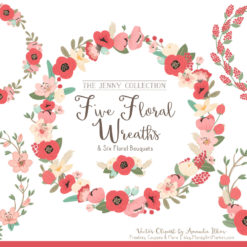 Round Floral Wreaths Clipart in Mint & Coral