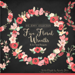 Round Floral Wreaths Clipart in Mint & Coral