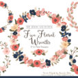 Pretty Navy & Blush Floral Wreath Clipart