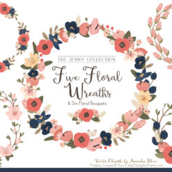 Round Floral Wreaths Clipart in Navy & Blush