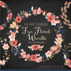 Round Floral Wreaths Clipart in Navy & Blush